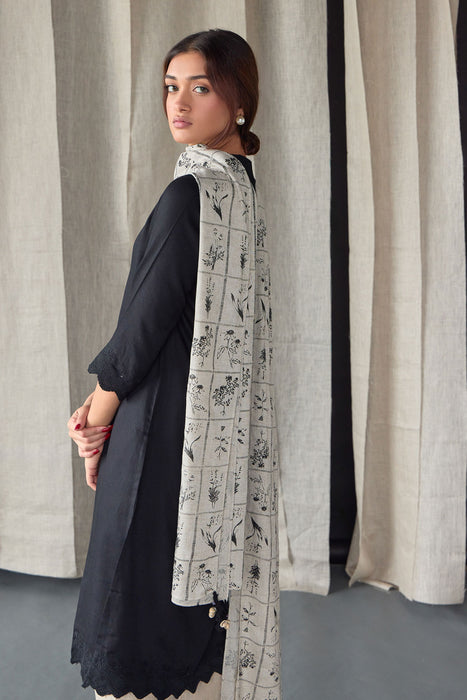 Hand Scalloped Black Kurta set with Tonal Embroidery