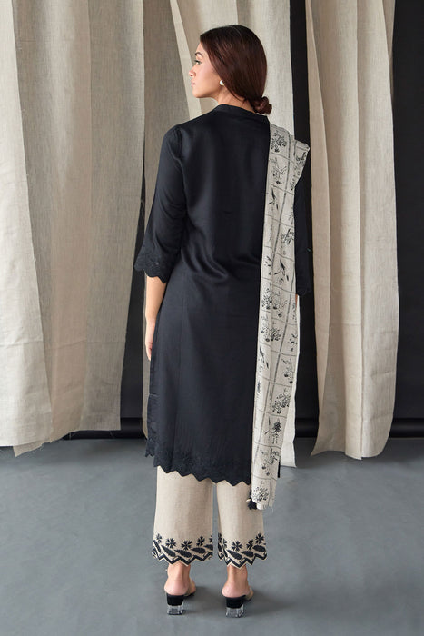 Hand Scalloped Black Kurta set with Tonal Embroidery