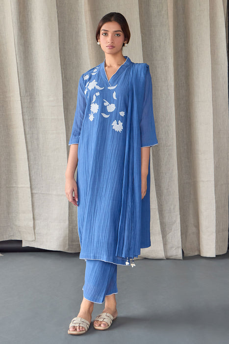 Crinkle Applique Tencel Kurta Set (of 3)- Cobalt Blue
