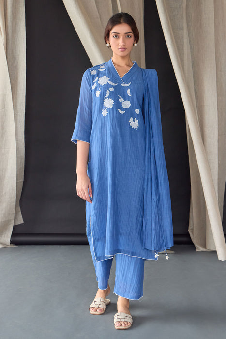 Crinkle Applique Tencel Kurta Set (of 3)- Cobalt Blue