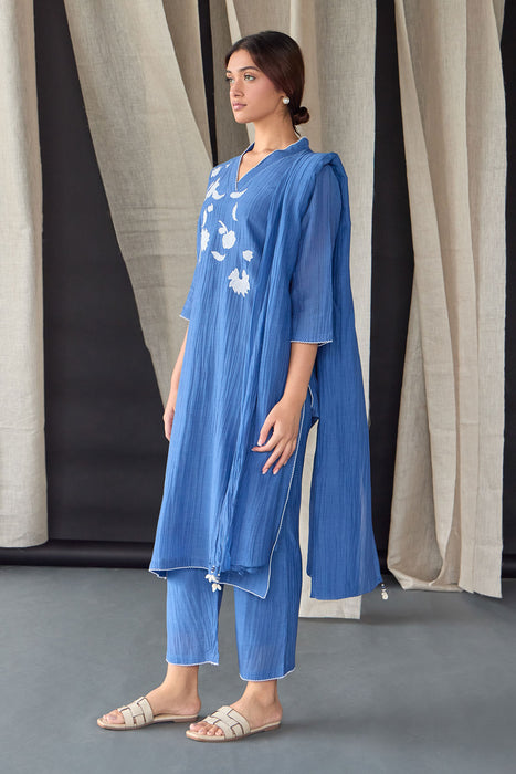 Crinkle Applique Tencel Kurta Set (of 3)- Cobalt Blue