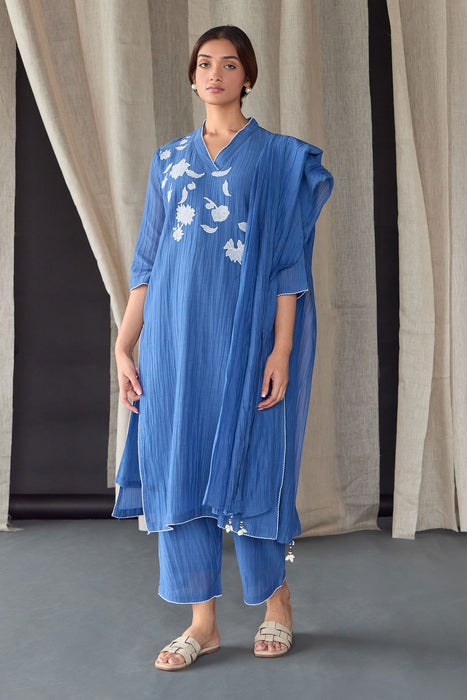 Crinkle Applique Tencel Kurta Set (of 2)- Cobalt Blue