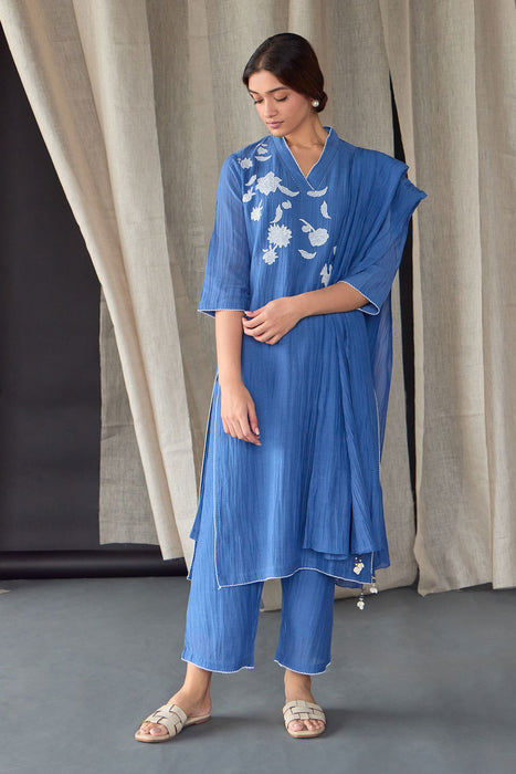 Crinkle Applique Tencel Kurta Set (of 2)- Cobalt Blue