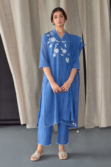 Crinkle Applique Tencel Kurta Set (of 2)- Cobalt Blue