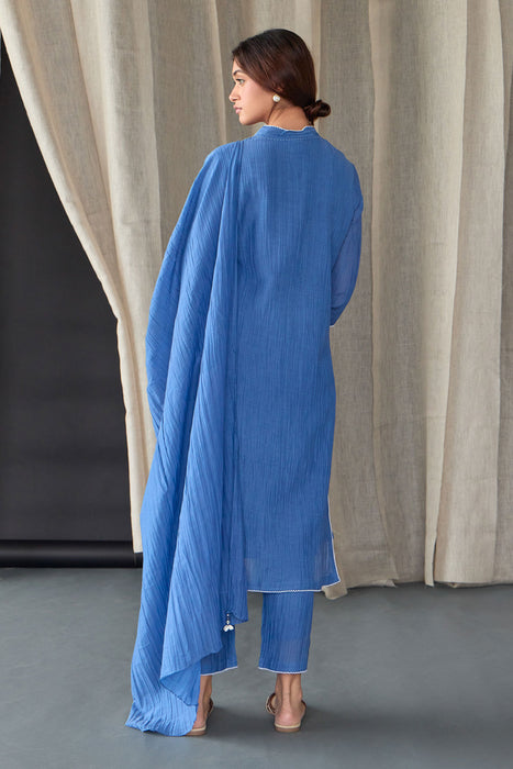 Crinkle Applique Tencel Kurta Set (of 3)- Cobalt Blue