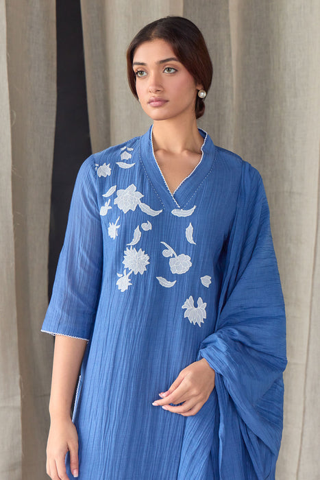 Crinkle Applique Tencel Kurta Set (of 2)- Cobalt Blue