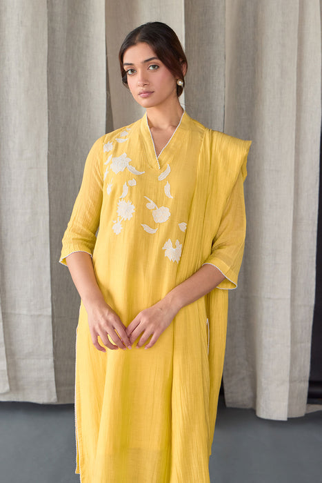 Crinkle Applique Tencel Kurta Set(of 3)-Yellow