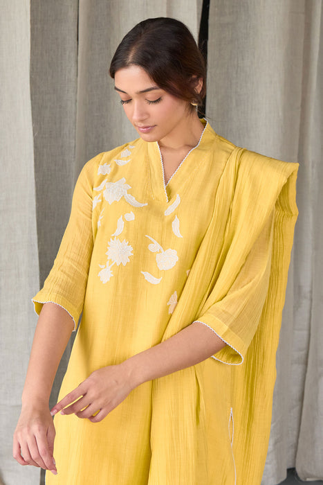 Crinkle Applique Tencel Kurta Set(of 2)-Yellow