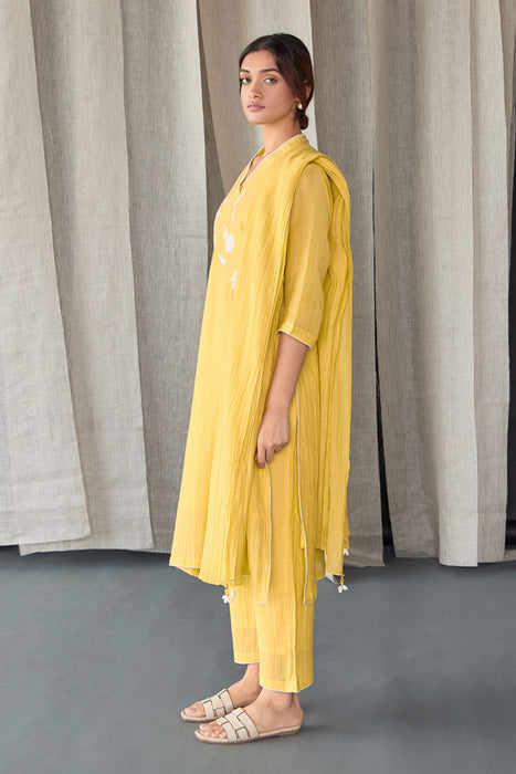 Crinkle Applique Tencel Kurta Set(of 3)-Yellow
