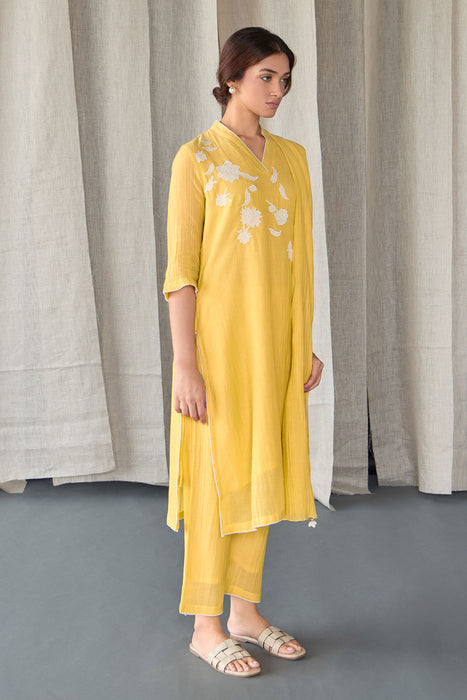 Crinkle Applique Tencel Kurta Set(of 2)-Yellow