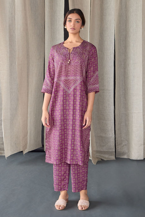 Wine Ajrakh Tencel Kurta Set