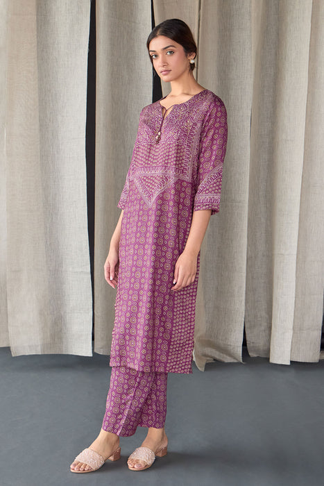 Wine Ajrakh Tencel Kurta Set