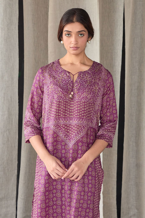 Wine Ajrakh Tencel Kurta Set