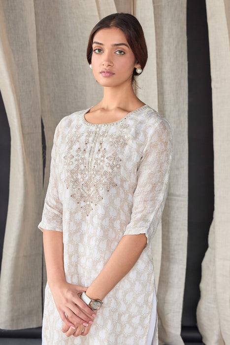 Handblock Off White Pure Linen Kurta