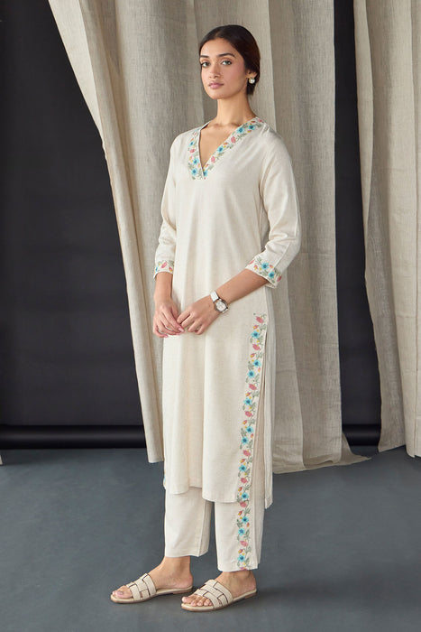 Cream Floral Embroidered Kurta Set