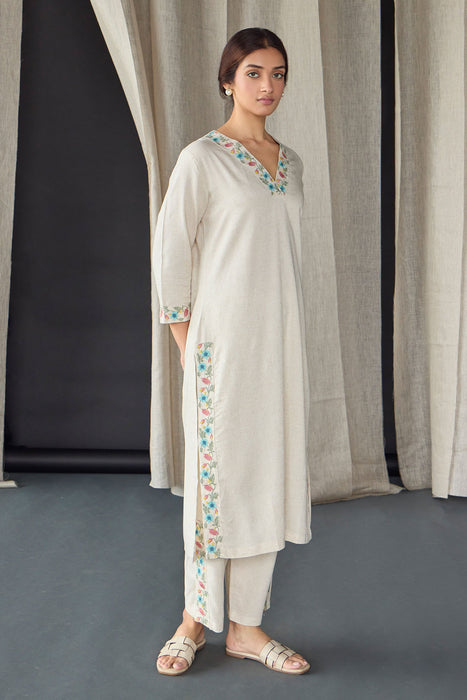 Cream Floral Embroidered Kurta Set