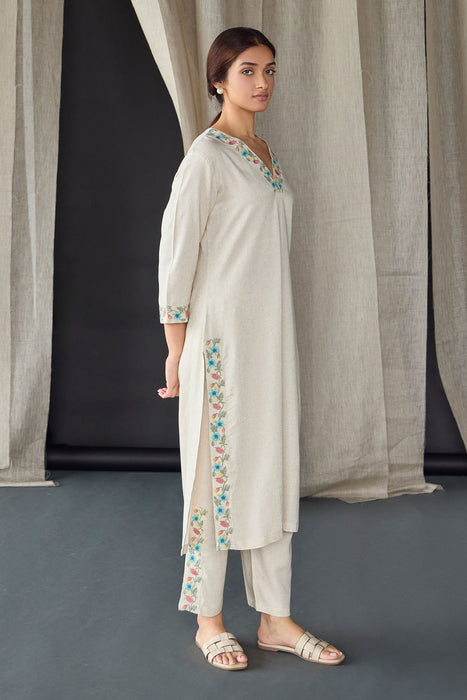 Cream Floral Embroidered Kurta Set