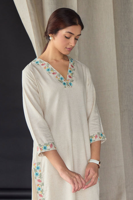 Natural Linen Embroidered Kurta Set