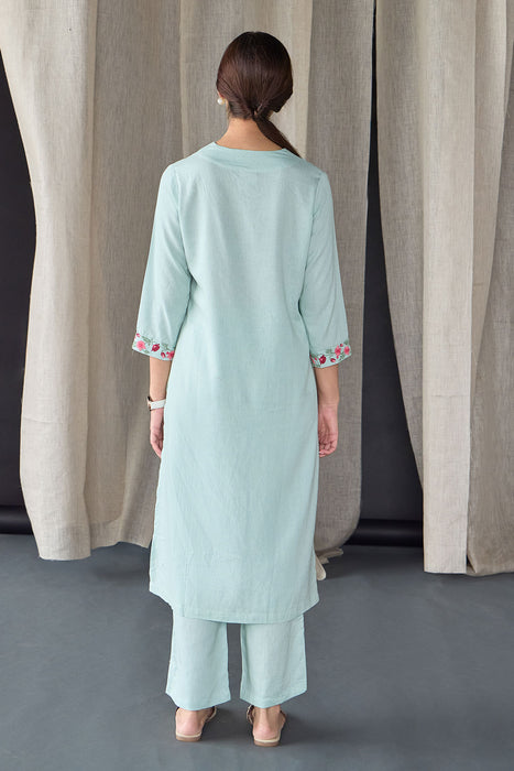 Mineral Blue Floral Embroidered Linen Kurta Set