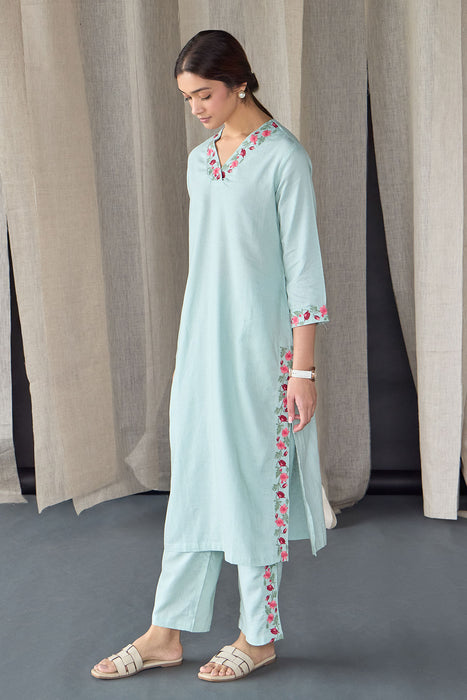 Mineral Blue Floral Embroidered Linen Kurta Set