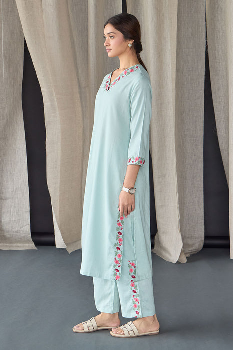 Mineral Blue Floral Embroidered Linen Kurta Set