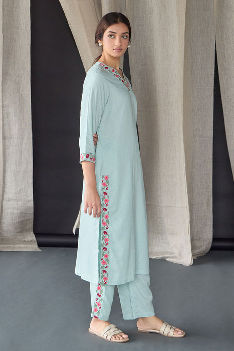Mineral Blue Floral Embroidered Linen Kurta Set