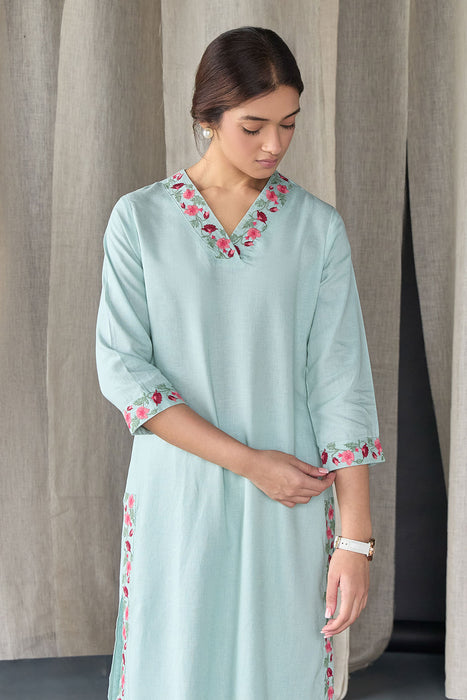 Mineral Blue Floral Embroidered Linen Kurta Set