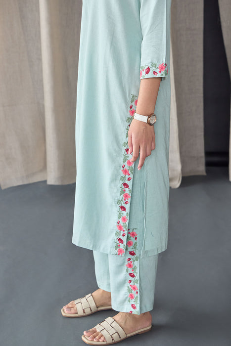 Mineral Blue Floral Embroidered Linen Kurta Set
