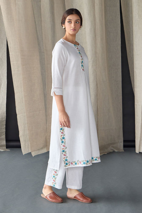 White Floral Embroidered Kurta Set