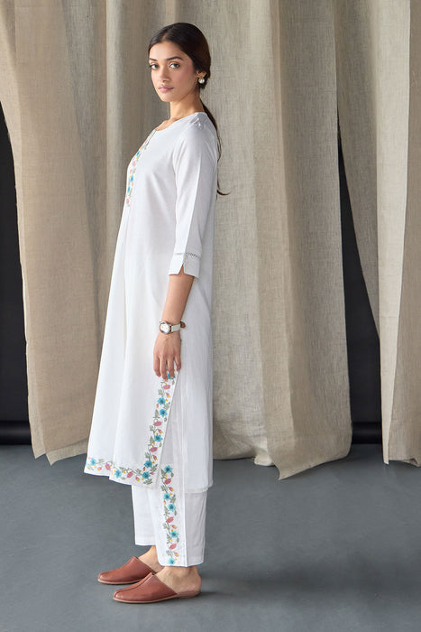 White Floral Embroidered Kurta Set