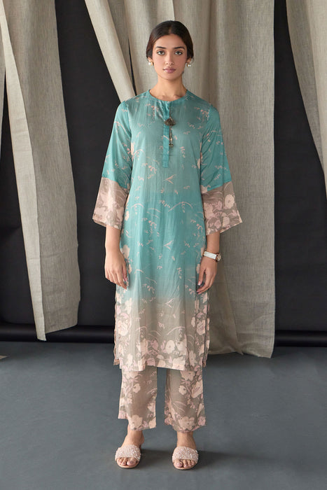 Retro Blue Floral Tencel Kurta Set (of 2)