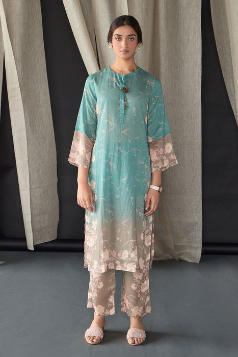 Retro Blue Floral Tencel Kurta Set (of 2)