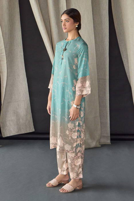 Retro Blue Floral Tencel Kurta Set (of 2)