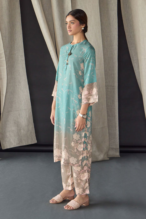 Retro Blue Floral Tencel Kurta Set (of 2)