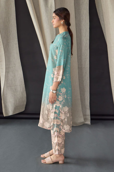 Retro Blue Floral Tencel Kurta Set (of 2)