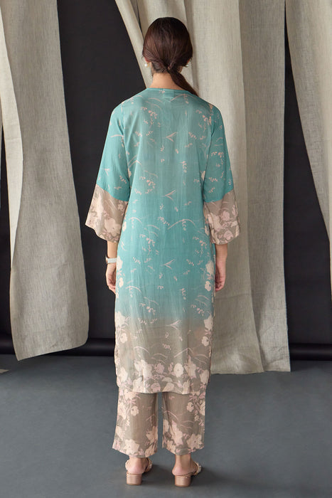 Retro Blue Floral Tencel Kurta Set (of 2)