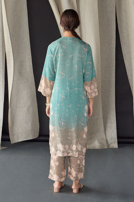 Retro Blue Floral Tencel Kurta Set (of 2)