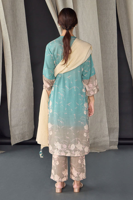 Retro Blue Floral Tencel Kurta Set (of 3)