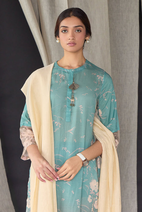 Retro Blue Floral Tencel Kurta Set (of 3)