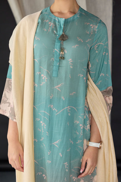 Retro Blue Floral Tencel Kurta Set (of 3)