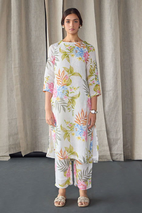 Pure Hemp White Floral Kurta Set
