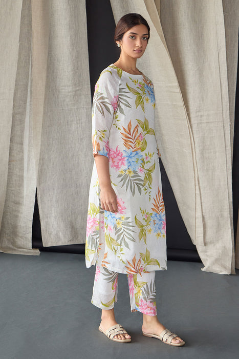 Pure Hemp White Floral Kurta Set