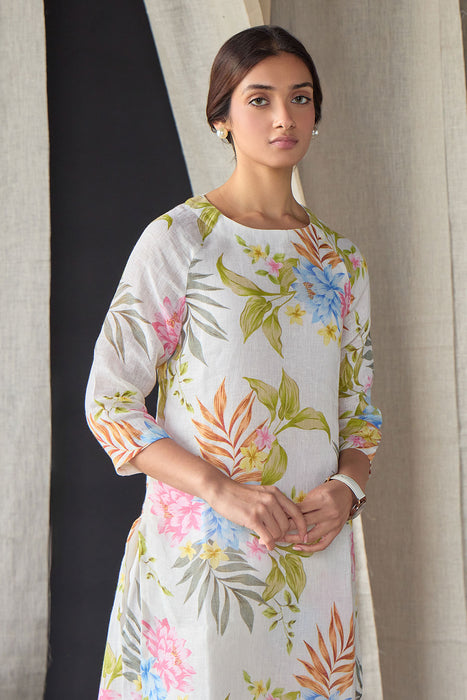 Pure Hemp White Floral Kurta Set