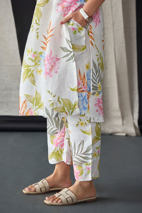 Pure Hemp White Floral Kurta Set