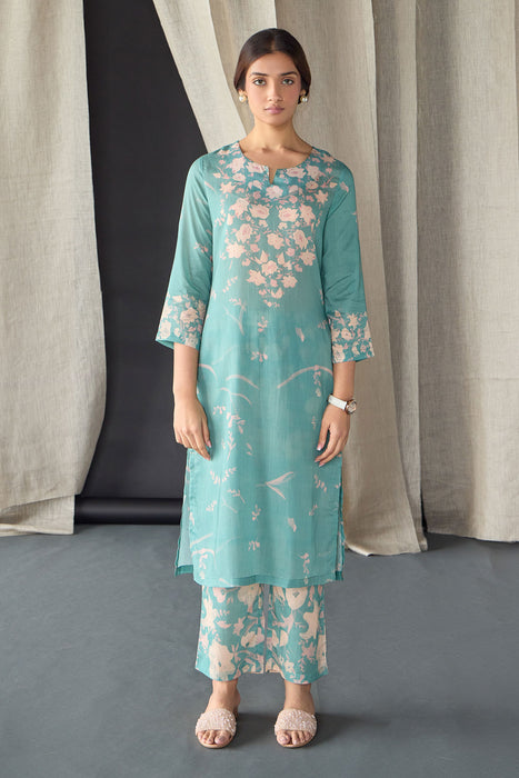 Retro Blue Floral Tencel Kurta Set (of 2)