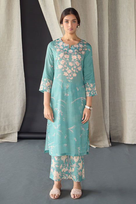 Retro Blue Floral Tencel Kurta Set (of 3)