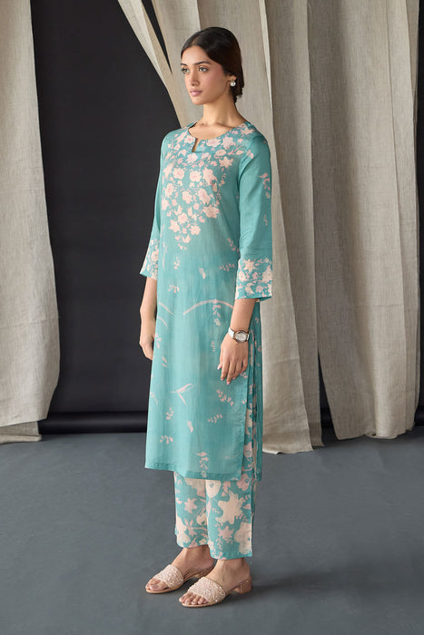 Retro Blue Floral Tencel Kurta Set (of 3)