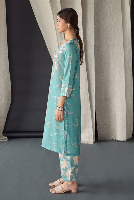 Retro Blue Floral Tencel Kurta Set (of 3)