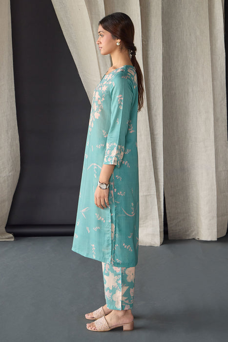 Retro Blue Floral Tencel Kurta Set (of 2)
