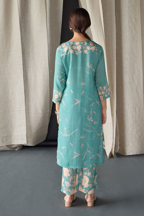 Retro Blue Floral Tencel Kurta Set (of 2)